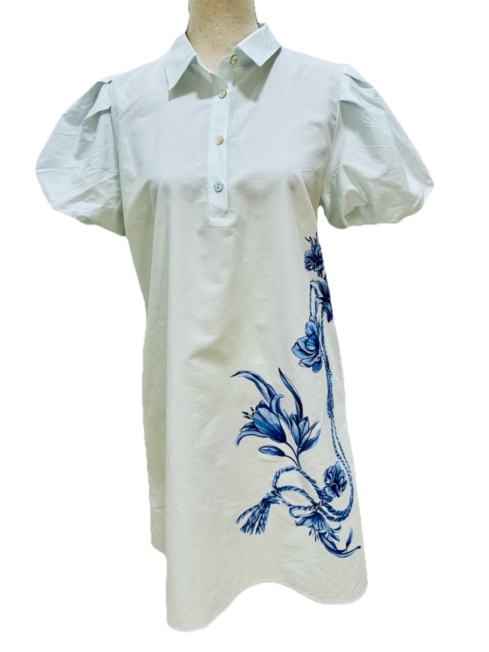 NWT Pale Blue Floral Shift Dress Midi S Puff Sleeves Cottage Summer Breezy